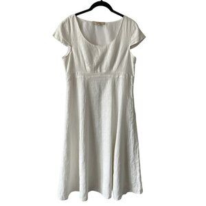 Ecru Linen Scoop Neck Knee Length Short Sleeve Fit Flare Dress White Medium